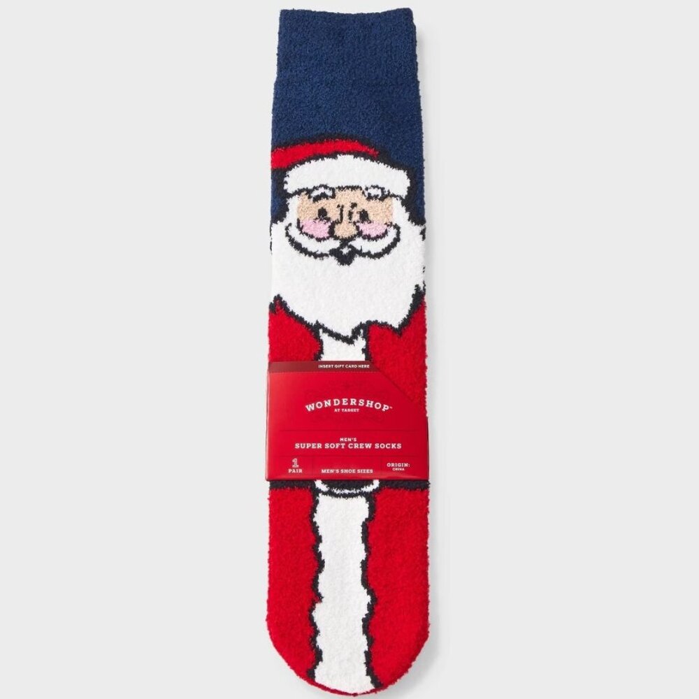 Men's Vintage Santa Cozy Crew Socks -Wondershop Navy/Tan Size 6-12